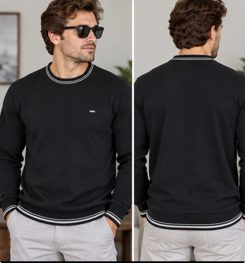 Michael Kors Men’s L Black Tipped Crewneck Sweater Logo Pullover